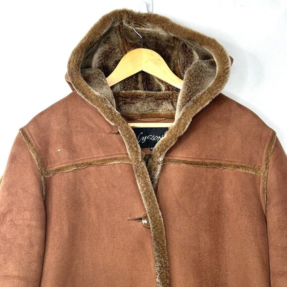 Womens Western Coat Ranch Boho Faux Sheepskin Faux Fur Lined Hooded Caramel M - Picture 3 of 16